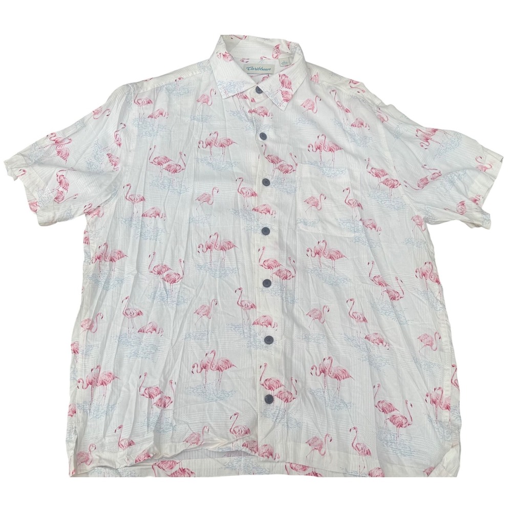 Caribbean Button Down Shirt White Pink %100 Rayon Flamingo Print Mens Large